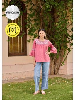 House of Chikankari - Pink Cotton Chikankari Solid Women's Top