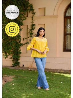 House of Chikankari - Yellow Cotton Chikankari Solid Women's Top