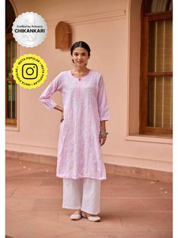 House of Chikankari - Cotton Chikankari Solid Women's Long Kurta - Pink