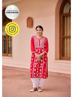 House of Chikankari - Cotton Chikankari Solid Women's Long Kurta - Red