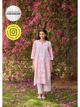 House of Chikankari - Pink Cotton Dobby Chikankari Solid Women's Long Kurta