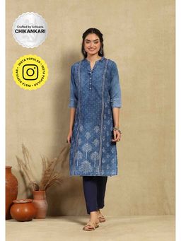 House of Chikankari - Kantha Denim Printed Women's Kurta - Blue