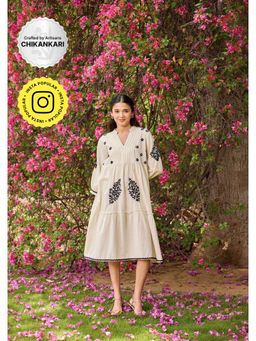 House of Chikankari - Cotton Linen Blend Chikankari Solid Women's Long Dress
