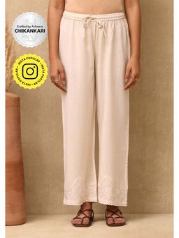 House of Chikankari - Cotton Linen Blend Chikankari Womens Palazzo - Beige