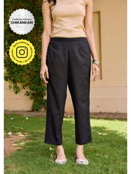 House of Chikankari - Cotton Cambric Chikankari Womens Pants - Black
