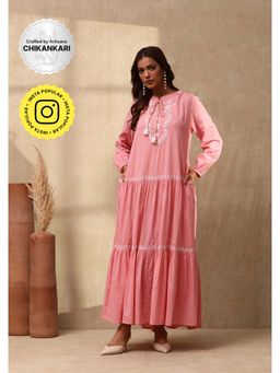 House of Chikankari - Cotton Dobby Chikankari Womens Long Dress - Dust Pink