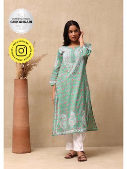 House of Chikankari - Cotton Chikankari Printed Womens Long Kurta - Green