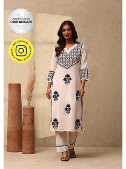 House of Chikankari - Women's Off White Cotton Linen Blend Chikankari Kurta and Pant (Set of 2)