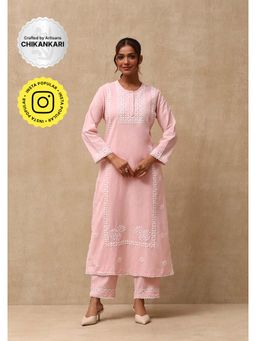 House of Chikankari - Women's Pink Cotton Linen Blend Chikankari Kurta and Pant (Set of 2)