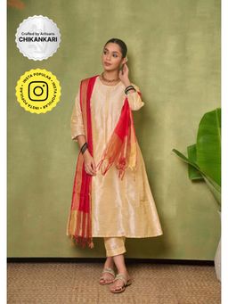 House of Chikankari - Silk Blend Womens A-Line Kurta with Pant and Dupatta - Golden