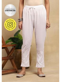 House of Chikankari - Cotton Chikankari Womens Pant With Lace - White