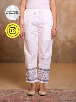 House of Chikankari - Cotton Hand Embroidered Womens Pant -White