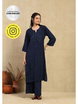House of Chikankari - Rayon Chikankari Mukaish Long Kurta with Palazzo -Navy Blue