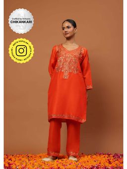 House of Chikankari - Hoc Crafts Art Silk Embroidered Zari Womens Knee Kurta with Pant - Orange