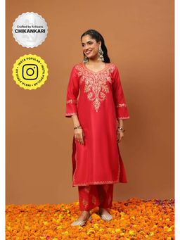 House of Chikankari - Hoc Crafts Art Silk Embroidered Zari Long Kurta with Pant - Red