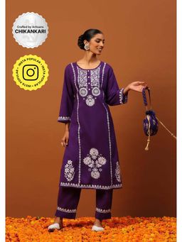House of Chikankari - Cotton Chikankari Womens Long Kurta with Pant-Purple