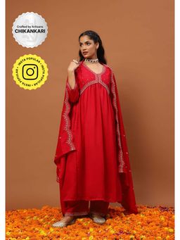 House of Chikankari - Silk Blend A-Line Anarkali Kurta with Palazzo and Dupatta-Red