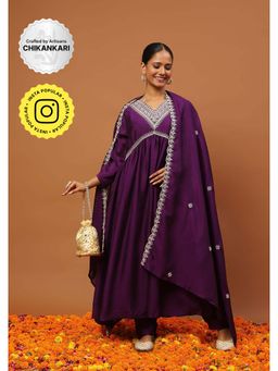 House of Chikankari - Silk Blend A-Line Anarkali Kurta with Pant and Dupatta-Purple