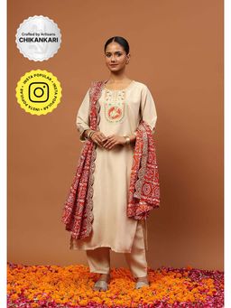 House of Chikankari - Cotton Blend Embroidered Sequin Kurta with Pant and Dupatta- Beige