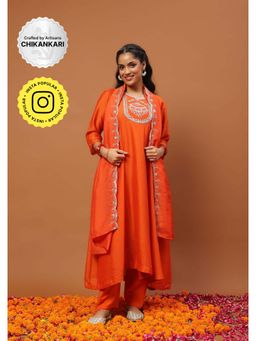 House of Chikankari - Silk Blend Zari Embroidered Sequins Kurta with Pant and Dupatta-Orange