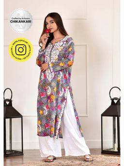 House of Chikankari - Nuha Mulmul Straight Grey Kurta