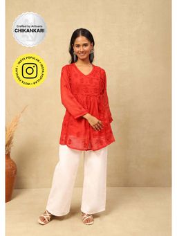 House of Chikankari - Kota Chikankari Womens Short Angrakha Kuti With Inner -Red