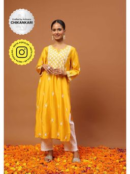 House of Chikankari - Chanderi Chikankari Womens Long Kurta -Yellow