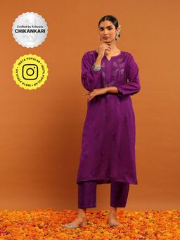 House of Chikankari - Purple Chanderi Chikankari Mukaish Kurta with Pant
