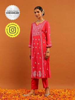 House of Chikankari - Cotton Lurex Chikankari Womens Long Kurta- Pink
