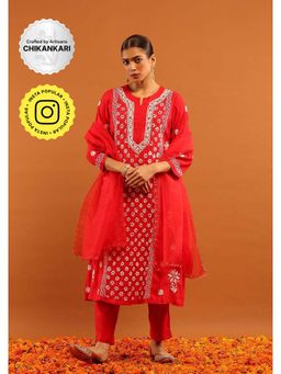House of Chikankari - Red Chanderi Chikankari Women's Kurta with Pant and Dupatta