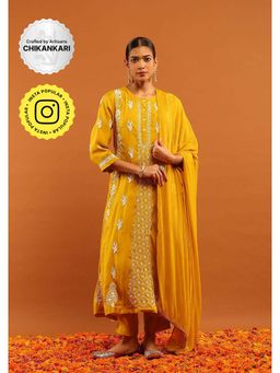 House of Chikankari - Yellow Chanderi Chikankari Women's Anarkali with Pant and Dupatta