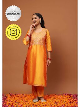 House of Chikankari - Mustard Art Silk Embroidered Zari Work Women's Kurta with Pant