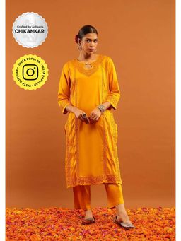 House of Chikankari - Mustard Jaam Silk Chikankari Women's Long Kurta with Pant