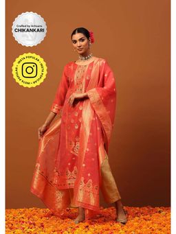 House of Chikankari - Red Banarasi Chanderi Hand Woven Women's Kurta with Pant and Dupatta