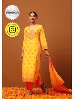 House of Chikankari - Yellow Hoc Banarasi Chanderi Women's Kurta with Pant and Dupatta