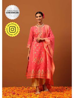 House of Chikankari - Pink Hoc Banarasi Chanderi Hand Woven Women's Kurta with Pant and Dupatta