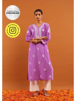 House of Chikankari - Chanderi Chikankari With Sequins Solid Women's Long Kurta -Lavender