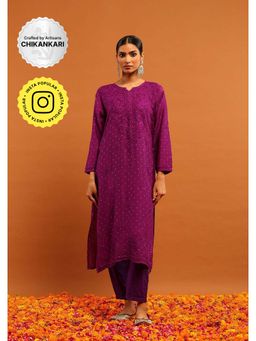 House of Chikankari - Banarasi Chanderi Chikankari Solid Women's Long Kurta-Purple