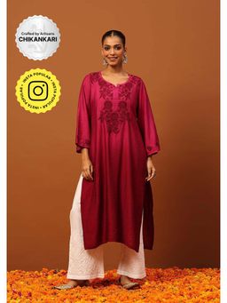 House of Chikankari - Chanderi Chikankari Ombre Women's Long Kurta -Wine