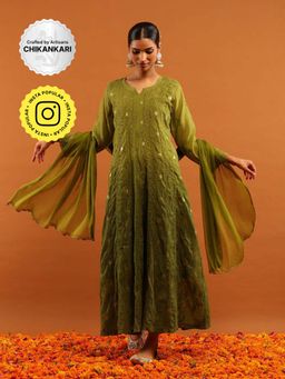 House of Chikankari - Women's Olive Cotton Chikankari Kurta and Salwar with Dupatta