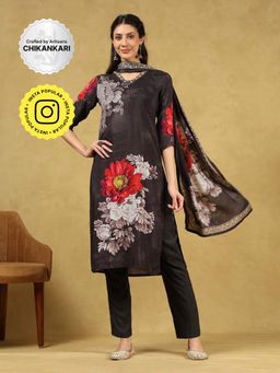 House of Chikankari - Women's Black Muslin Printed Kurta and Pant with Dupatta