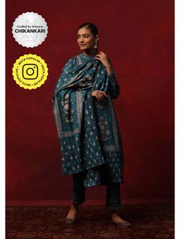 House of Chikankari - Teal Woollen Printed Women's Kurta With Pant And Dupatta