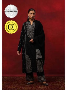 House of Chikankari - Black Woollen Embellished Women's Kurta With Pant And Dupatta