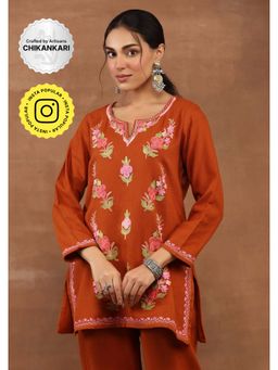 House of Chikankari - Aari Embroidered Women's Short Kurta-Rust