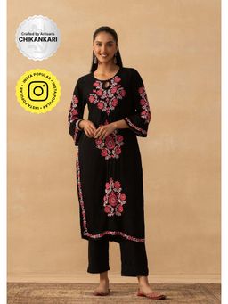 House of Chikankari - Black Rayon Chikankari Solid Womens Long Kurta