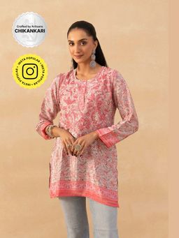 House of Chikankari - Pink Crepe Chikankari Printed Womens Short Kurta
