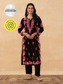 House of Chikankari - Black Rayon Chikankari Solid Womens Long Kurta
