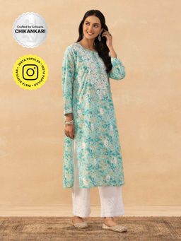 House of Chikankari - Green Mulmul Chikankari Printed Womens Long Kurta