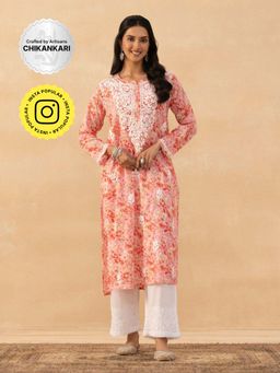 House of Chikankari - Pink Mulmul Chikankari Printed Womens Long Kurta