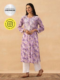 House of Chikankari - Purple Mulmul Chikankari Printed Womens Long Kurta